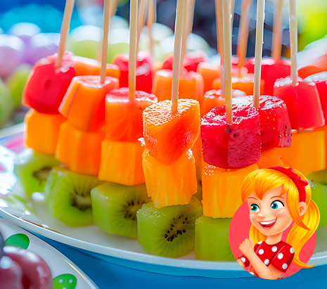 Espetinhos de frutas com bolinhos Ana Maria